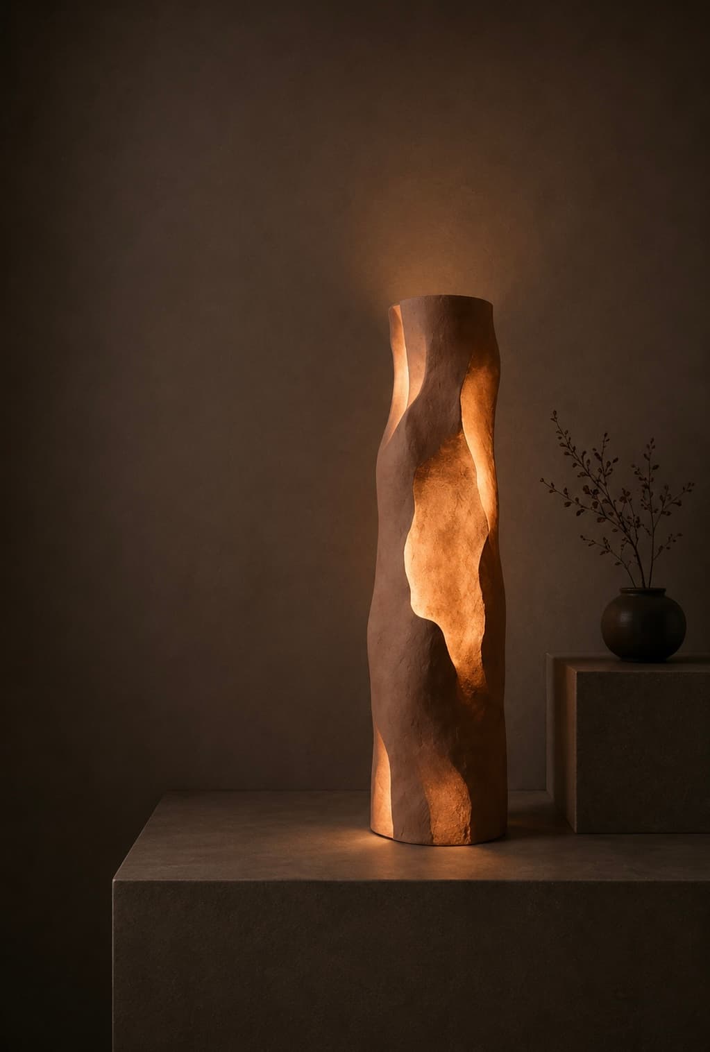 Mono / Erode, a tall clay floor sculpture, lit from within